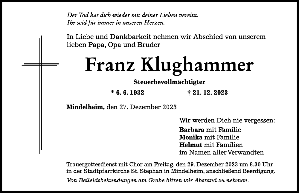 Traueranzeigen Von Franz Klughammer Allg Uer Zeitung