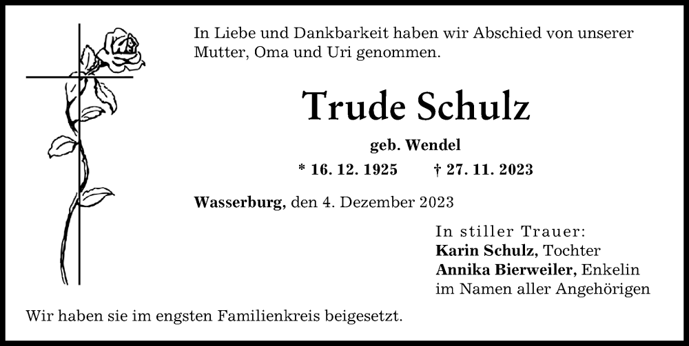 Traueranzeigen Von Trude Schulz Allg Uer Zeitung