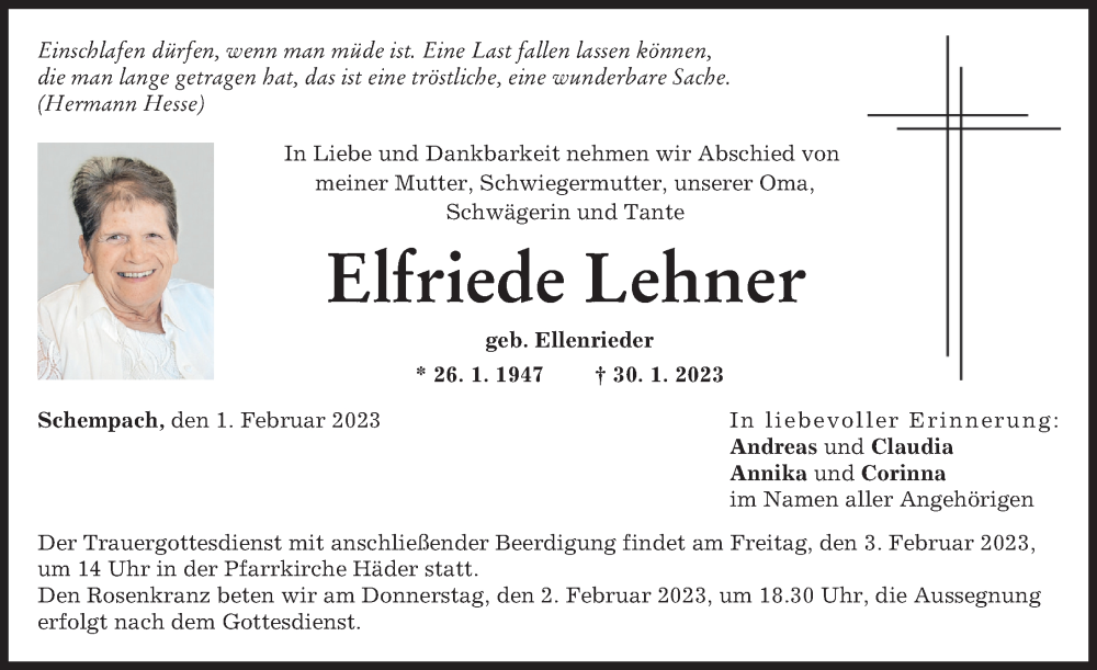 Traueranzeigen Von Elfriede Lehner Allg Uer Zeitung