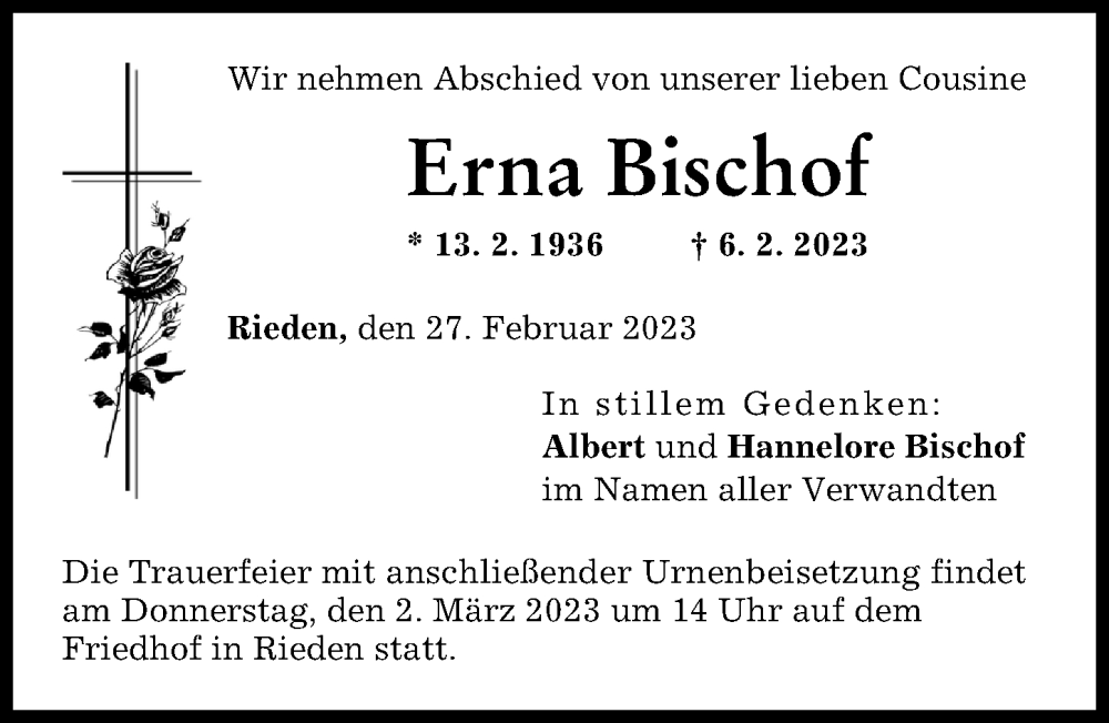 Traueranzeigen Von Erna Bischof Allg Uer Zeitung