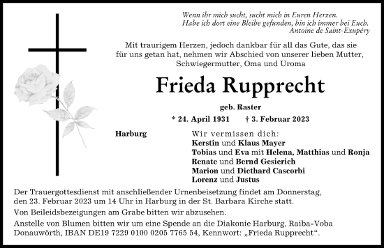 Traueranzeigen Von Frieda Rupprecht Allg Uer Zeitung