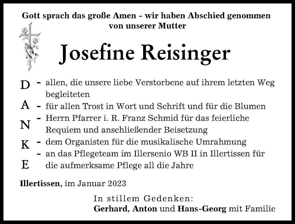 Traueranzeigen von Josefine Reisinger Allgäuer Zeitung