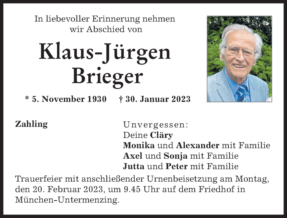 Traueranzeigen von Klaus Jürgen Brieger Allgäuer Zeitung