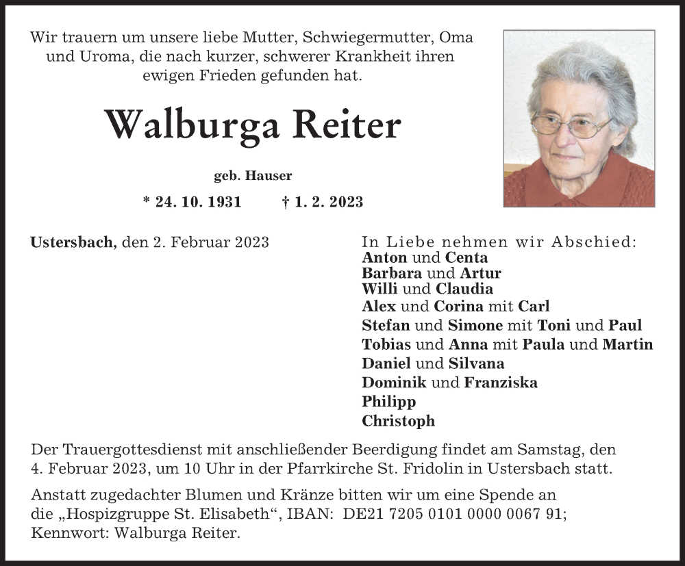 Traueranzeigen Von Walburga Reiter Allg Uer Zeitung