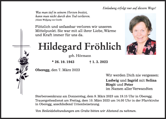 Traueranzeigen von Hildegard Fröhlich Allgäuer Zeitung