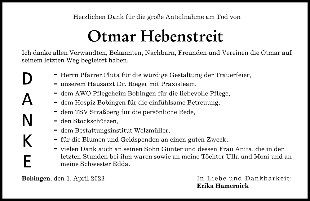 Traueranzeigen Von Otmar Hebenstreit Allg Uer Zeitung