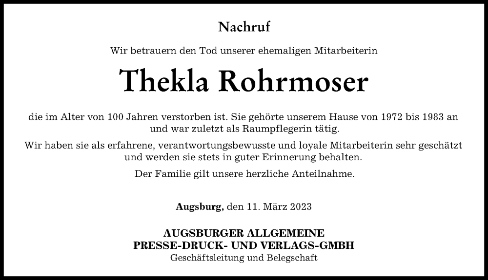 Traueranzeigen Von Thekla Rohrmoser Allg Uer Zeitung