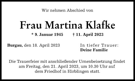 Traueranzeigen von Martina Klafke Allgäuer Zeitung