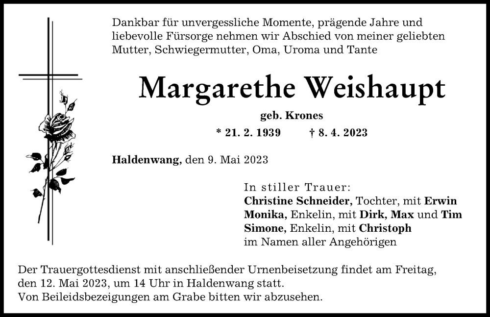 Traueranzeigen von Margarethe Weishaupt Allgäuer Zeitung