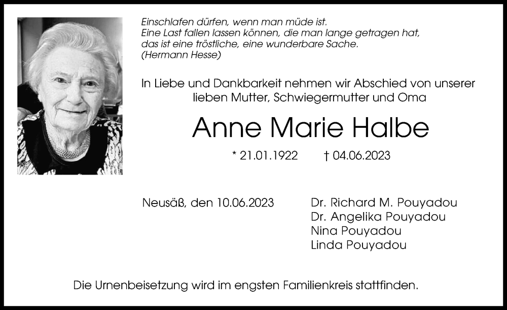 Traueranzeigen Von Anne Marie Halbe Allg Uer Zeitung