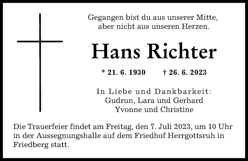 Traueranzeigen von Hans Richter Allgäuer Zeitung