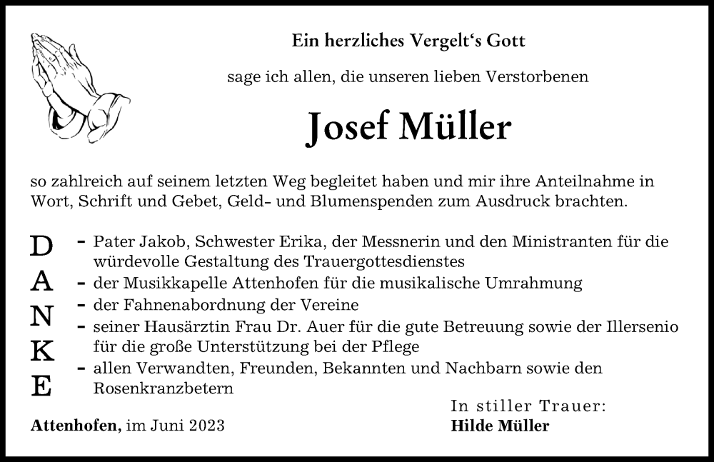 Traueranzeigen von Josef Müller Allgäuer Zeitung