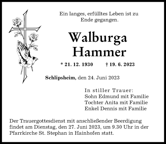 Traueranzeigen Von Walburga Hammer Allg Uer Zeitung