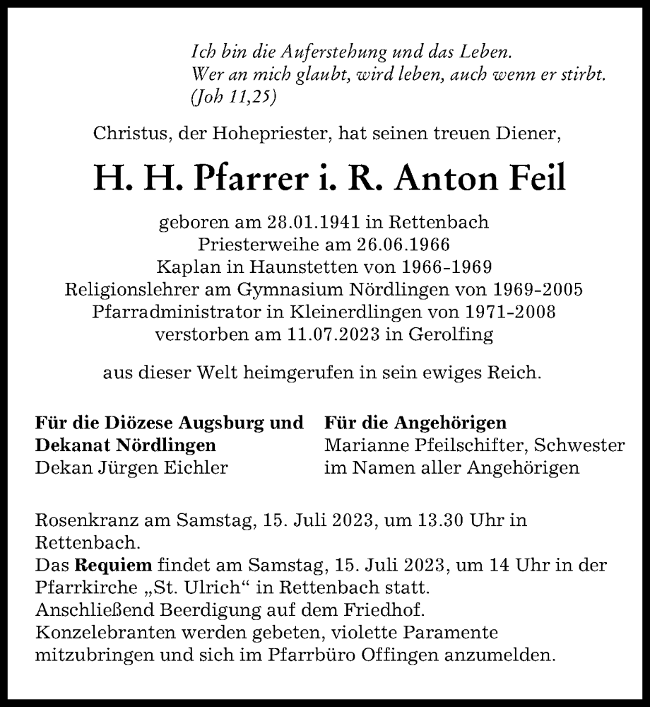 Traueranzeigen Von Anton Feil Allg Uer Zeitung