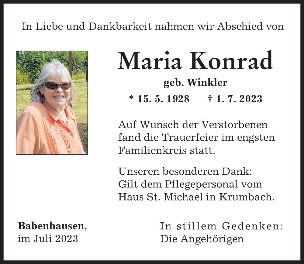 Traueranzeigen von Maria Konrad Allgäuer Zeitung