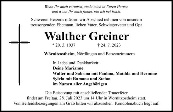 Traueranzeigen Von Walther Greiner Allg Uer Zeitung