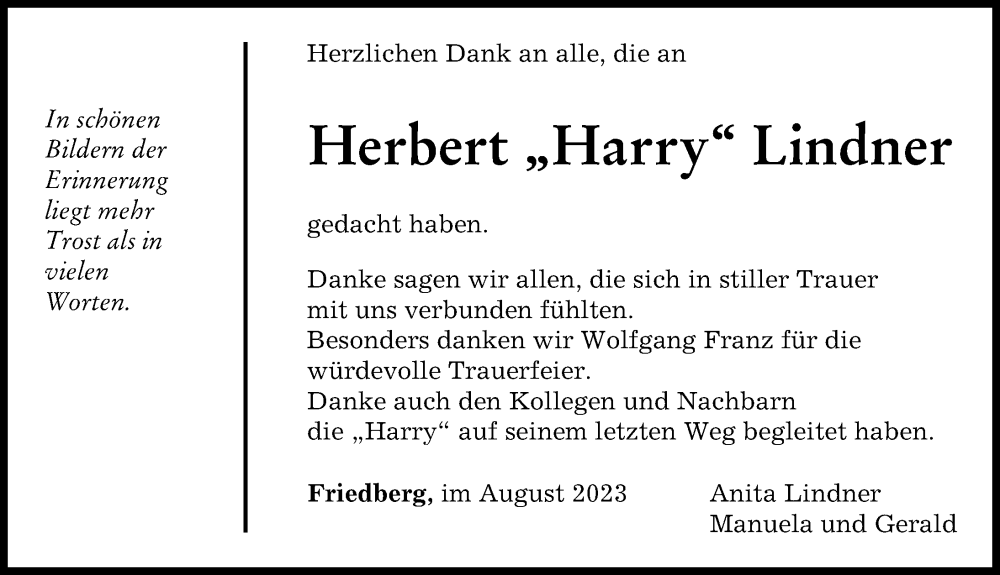 Traueranzeigen Von Herbert Lindner Allg Uer Zeitung