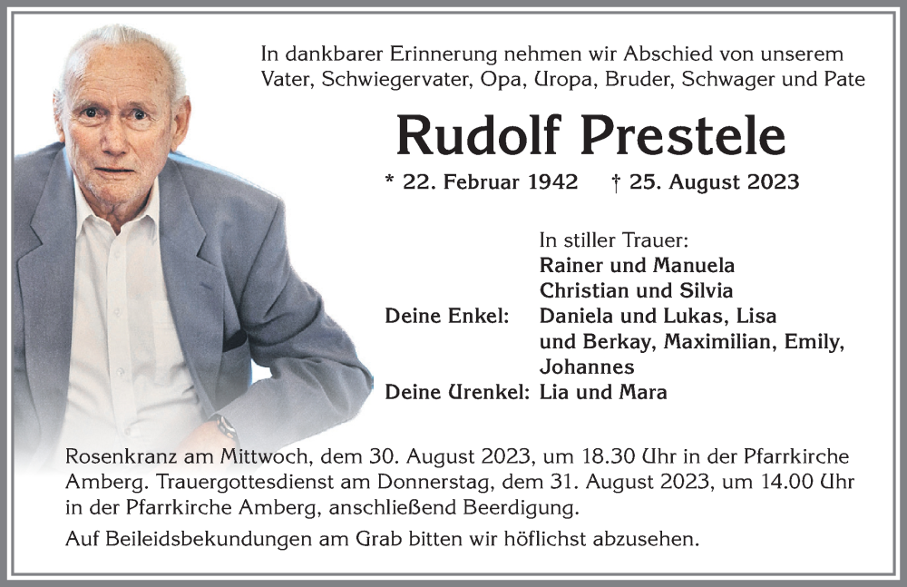 Traueranzeigen von Rudolf Prestele Allgäuer Zeitung