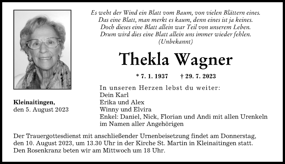 Traueranzeigen Von Thekla Wagner Allg Uer Zeitung