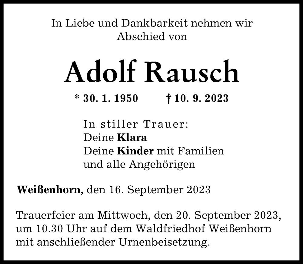 Traueranzeigen Von Adolf Rausch Allg Uer Zeitung