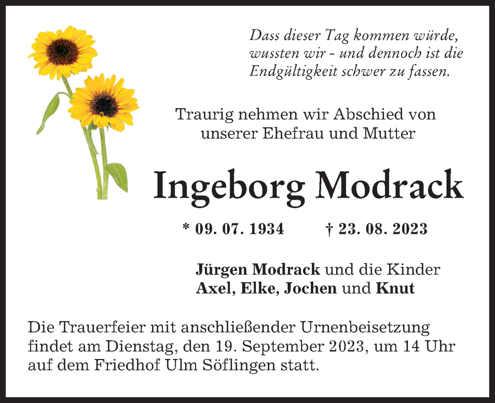 Traueranzeigen von Ingeborg Modrack Allgäuer Zeitung