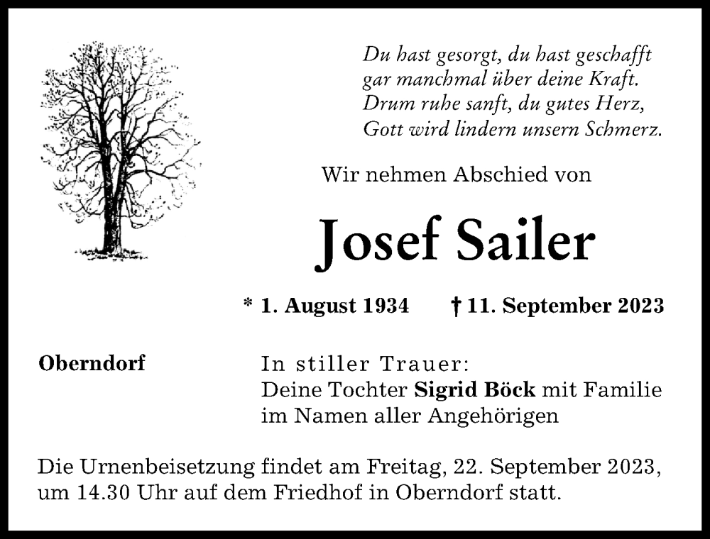 Traueranzeigen von Josef Sailer Allgäuer Zeitung