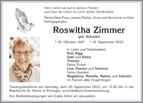 Traueranzeigen von Roswitha Zimmer Allgäuer Zeitung