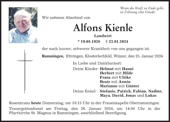 Traueranzeigen von Alfons Kienle Allgäuer Zeitung