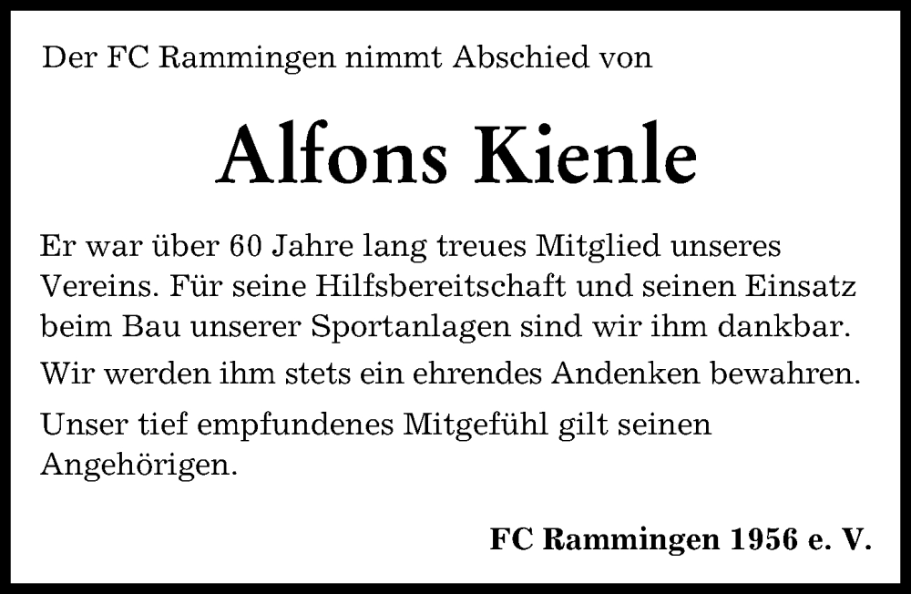 Traueranzeigen Von Alfons Kienle Allg Uer Zeitung