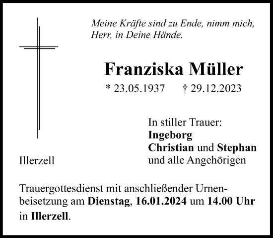 Traueranzeigen von Franziska Müller Allgäuer Zeitung