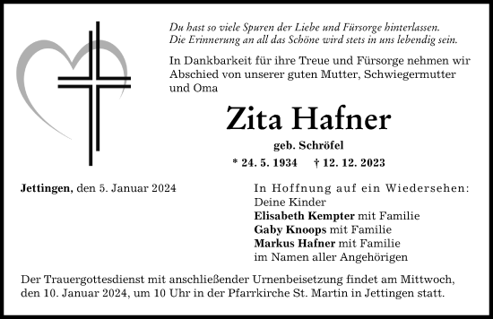 Traueranzeigen Von Zita Hafner Allg Uer Zeitung