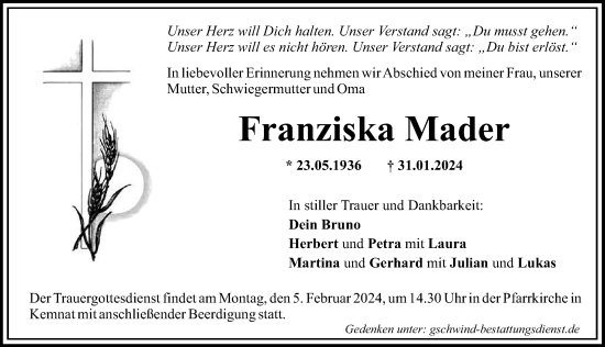 Traueranzeigen von Franziska Mader Allgäuer Zeitung