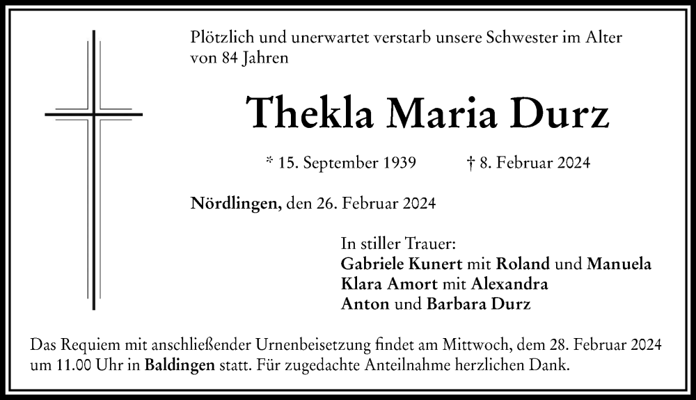 Traueranzeigen Von Thekla Maria Durz Allg Uer Zeitung