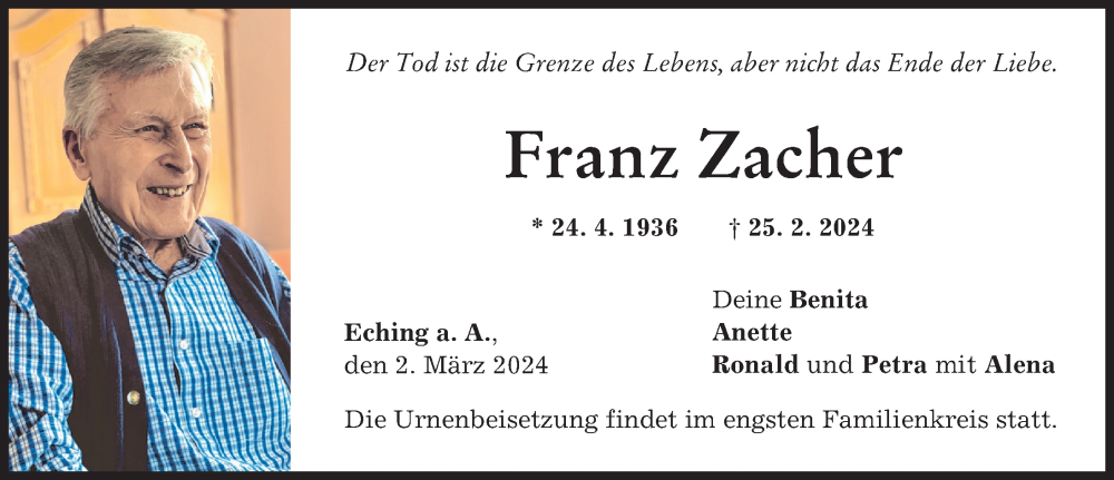 Traueranzeigen Von Franz Zacher Allg Uer Zeitung