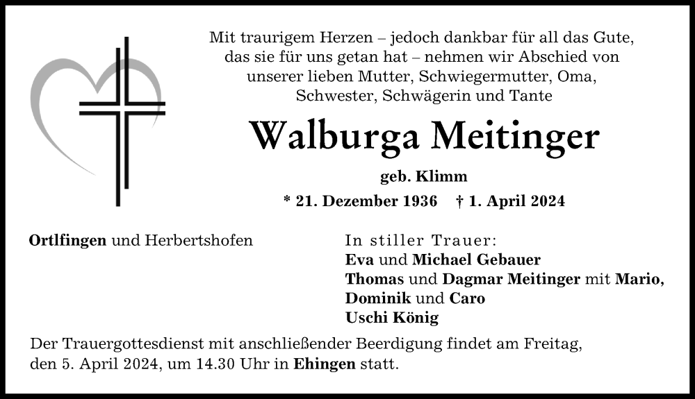 Traueranzeigen Von Walburga Meitinger Allg Uer Zeitung