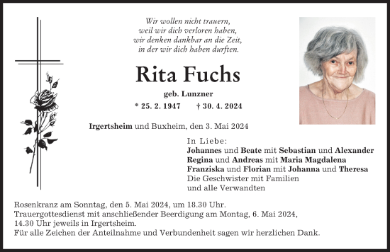 Traueranzeige von Rita Fuchs von Neuburger Rundschau