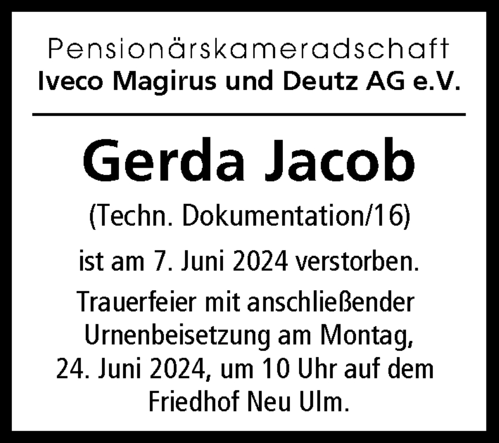 Traueranzeigen Von Gerda Jacob Allg Uer Zeitung