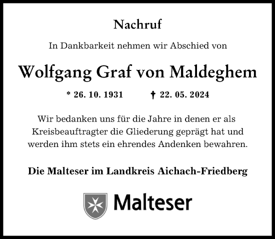 Traueranzeigen von Wolfgang Graf von Maldeghem Allgäuer Zeitung