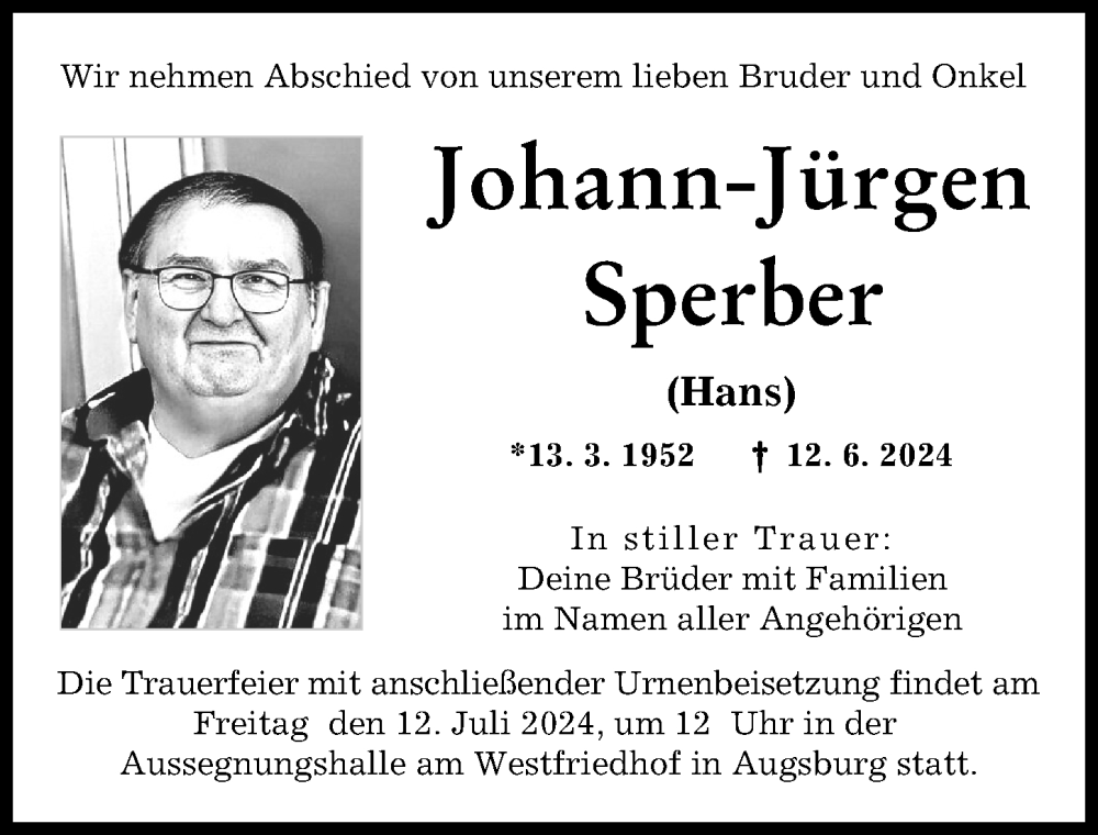 Traueranzeigen Von Johann J Rgen Sperber Allg Uer Zeitung